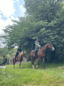 Enfants et adolescents à cheval en pleine nature pendant un stage d’équitation en Bretagne