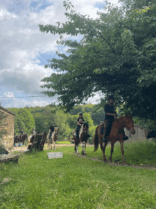 Jeunes cavaliers en forêt avec leurs chevaux pendant un stage d’équitation dans le Morbihan